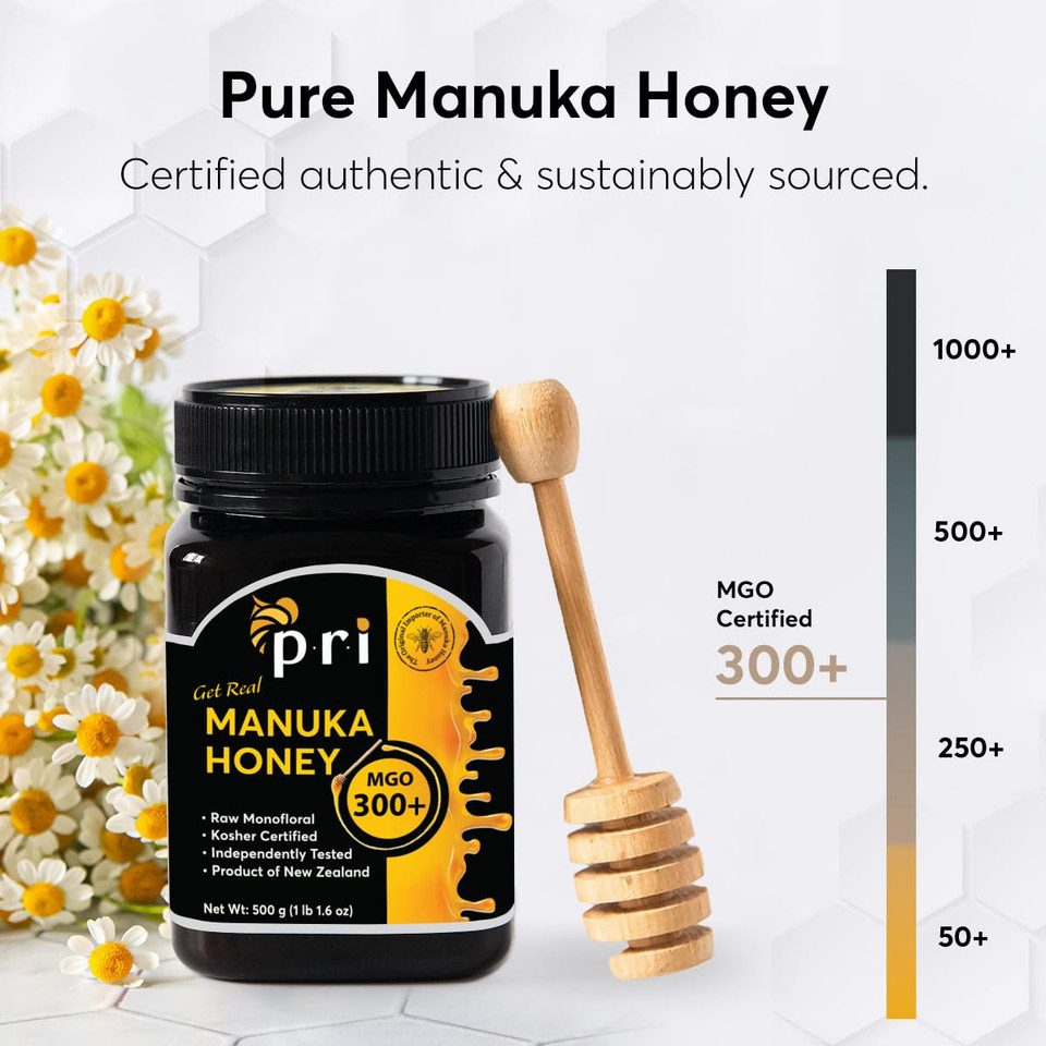 P.R.I Manuka Honey, Mgo 300+, 1.1Lb New Zealand Raw Manuka Honey (500G)