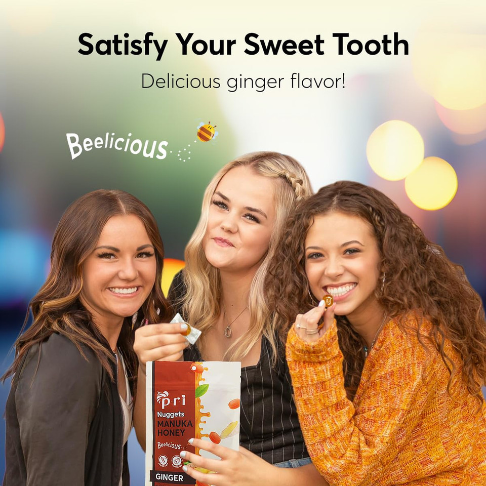 P.R.I Manuka Honey & Ginger Nuggets, Sweet And All Natural Hard Candy Treat, 3Oz