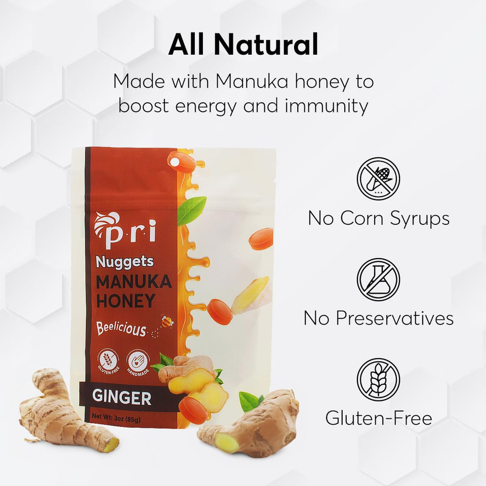P.R.I Manuka Honey & Ginger Nuggets, Sweet And All Natural Hard Candy Treat, 3Oz