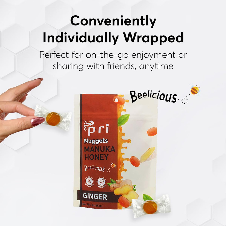 P.R.I Manuka Honey & Ginger Nuggets, Sweet And All Natural Hard Candy Treat, 3Oz