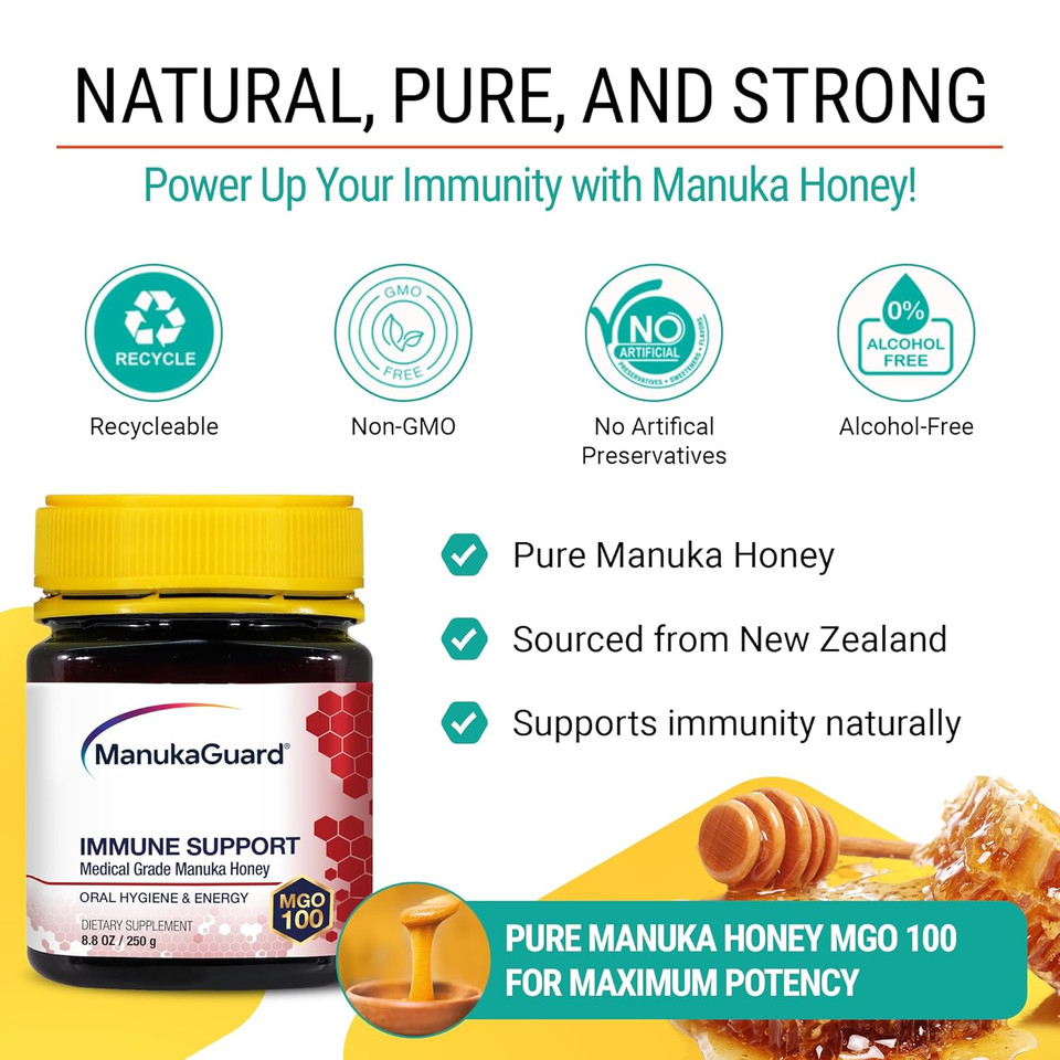 Manukaguard Immune Support Manuka Honey 8.8 Oz - Raw From New Zealand Mgo 100 - Skin Care, Immune System Support, Cough, Digestive & Respiratory Health