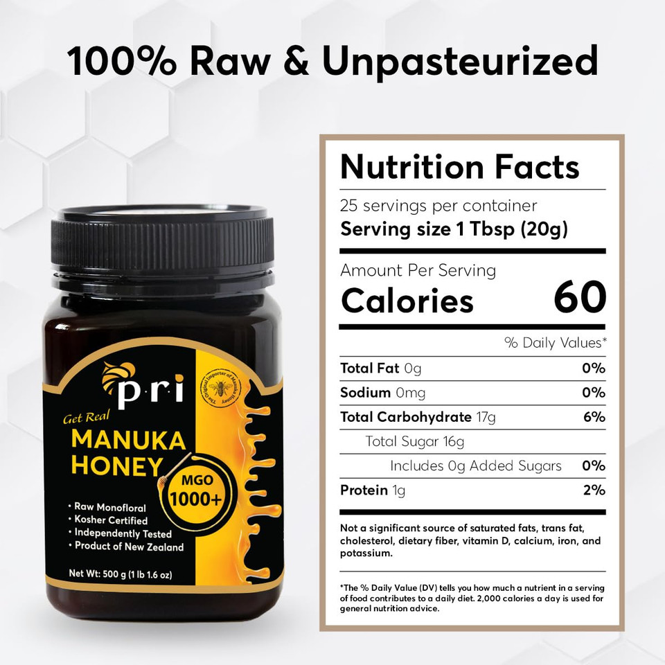P.R.I Manuka Honey Mgo 1000+, 1.1Lb High Strength - Raw Manuka Honey (500G Jar)