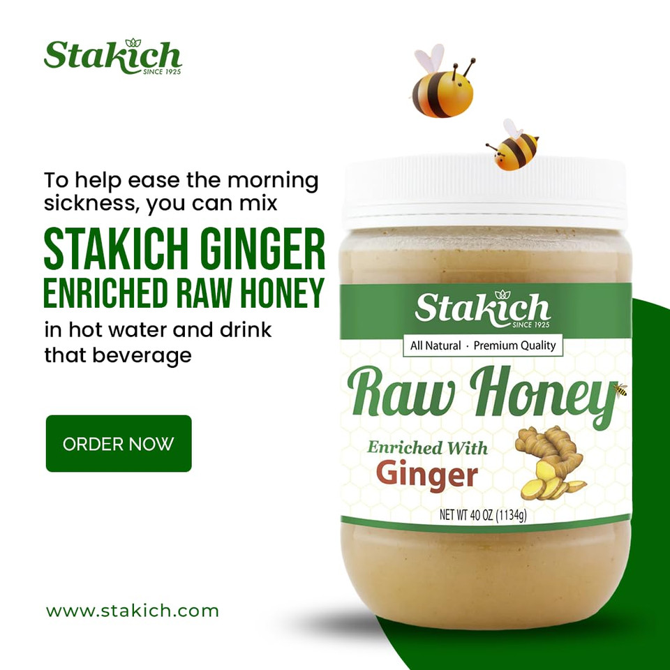 Stakich Ginger Enriched Raw Honey - Pure, Unprocessed, Unheated - 5 Lb (80 Oz)