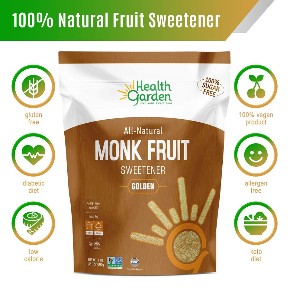 Health Garden Monk Fruit Sweetener, Golden- Non Gmo - Gluten Free - Sugar Substitute - Kosher - Keto Friendly (3 Lbs) (9505)