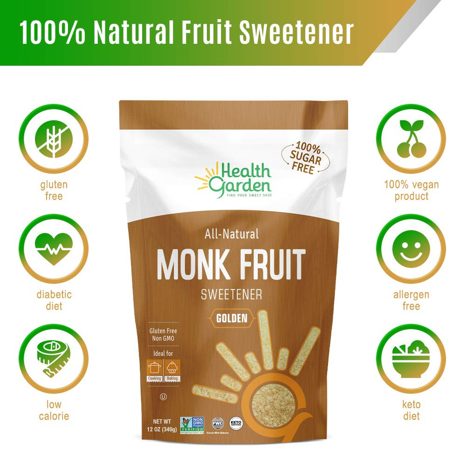 Health Garden Monk Fruit Sweetener, Golden- Non Gmo - Gluten Free - 1:1 Sugar Substitute - Kosher - Keto Friendly (12 Oz)