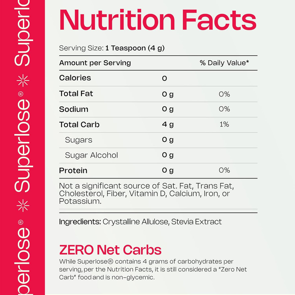 Superlose | The Superior Allulose | Keto Sugar Alternative | 100% Natural No Bitter Aftertaste | Zero Net Carb Sweetener | Ketogenic And Diabetic Approved Sugar Replacement (12Oz)