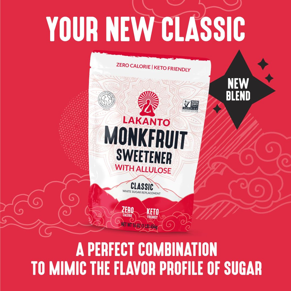 Lakanto Classic Monk Fruit Sweetener With Allulose, White Sugar Substitute From Monk Fruit Extract For Baking, Coffee & Tea, Gluten Free, Zero Calorie, Low Carb, Non Gmo, Keto, Classic White, 3 Lb Bag