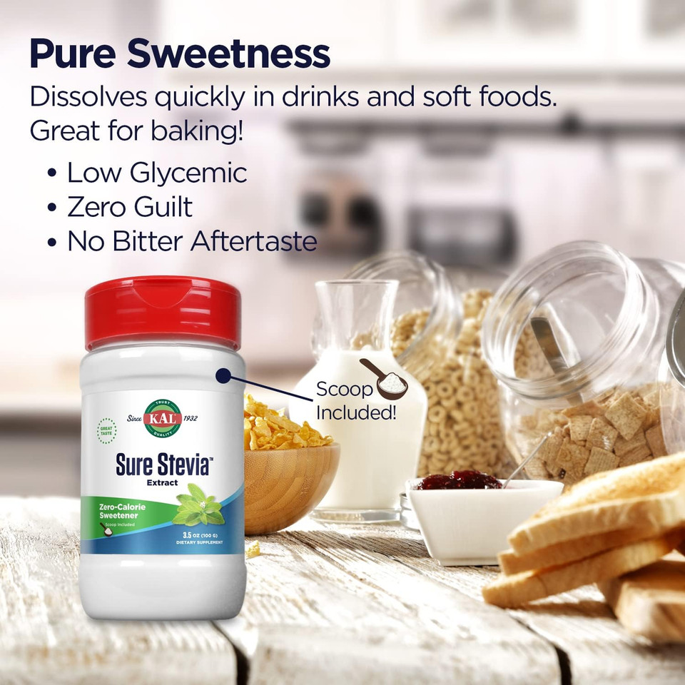 Kal Sure Stevia Extract, Organic Stevia Powder, Low Carb, Zero Calorie Sweetener, Keto Friendly, Great Taste, Low Glycemic, Vegan, Gluten Free, No Fillers, 60-Day Guarantee (2.8 Oz Organic)
