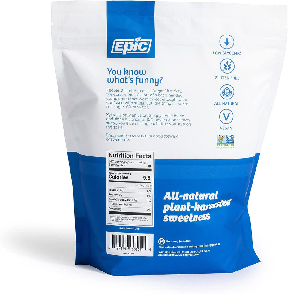Epic 100% Xylitol Sweetener - 5 Pound Zipper Pouch Of Xylitol Sugar Substitute For Baking & Cooking - Diabetic-Safe, Non-Gmo, Keto-Friendly - 40% Less Calories Than Sugar