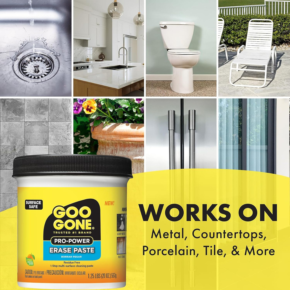 Goo Gone Pro-Power Erase Paste, Multi Purpose Cleaning Product For Metal, Countertops, Porcelain, Tile & More, Surface Safe, Removes Gooey Messes, Grease, Adhesives & Rust Stains, Residue Free, 20 Oz