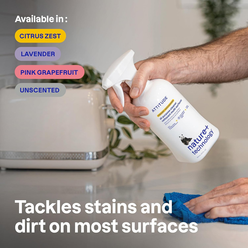 Attitude All Purpose Cleaner Spray, Ewg Verified, Vegan, Made With 94% Plant-Based Ingredients, Streak-Free For Kitchen, Bathroom, Glass & More, Pink Grapefruit Scent, 27.1 Fl Oz