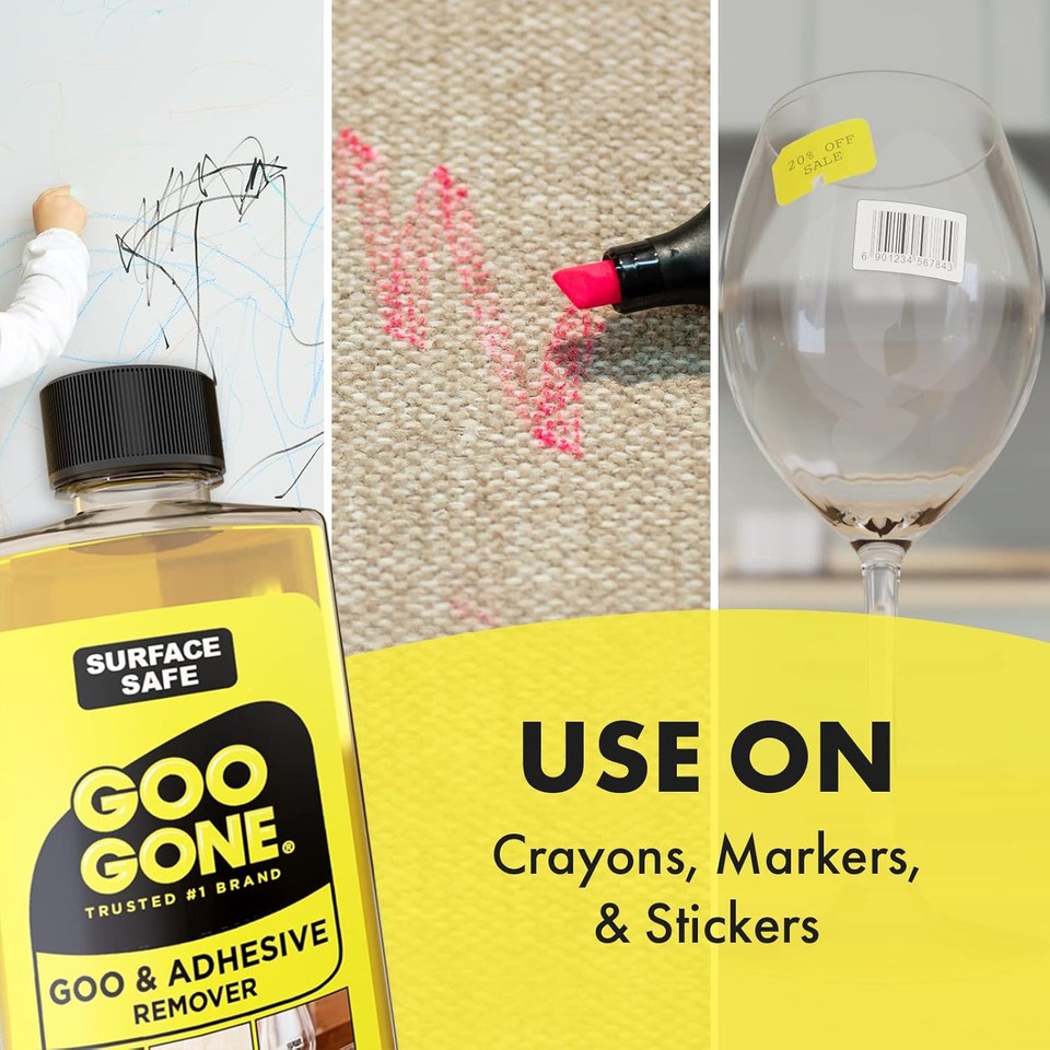 Goo Gone Original Adhesive Remover - 4 Ounce - Surface Safe Adhesive Remover Safely Removes Stickers Labels Decals Residue Tape Chewing Gum Grease Tar