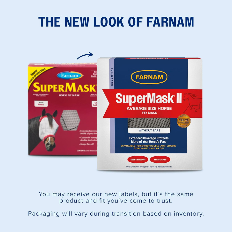 Farnam Supermask Ii Horse Fly Mask Without Ears, Extended Coverage, Protects Eyes From Insects And Debris, Adjustable Throat Latch, Yearling Size Farnam Supermask Ii Horse Fly Mask Without Ears, Extended Coverage, Protects Eyes From Insects And Debris, Adjustable Throat Latch, Yearling Size