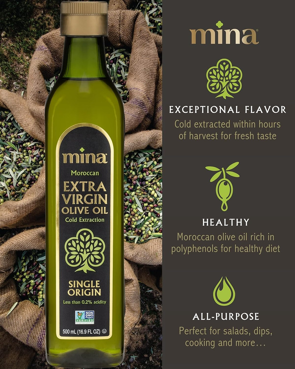 Mina Olive Oil Extra Virgin 16.9 Fl Oz, New Harvest, Polyphenol Rich Olive Oil For Cooking, Moroccan Evoo, Single Origin, Cold Extraction, Less Than 0.2% Acidity, 500 Ml
