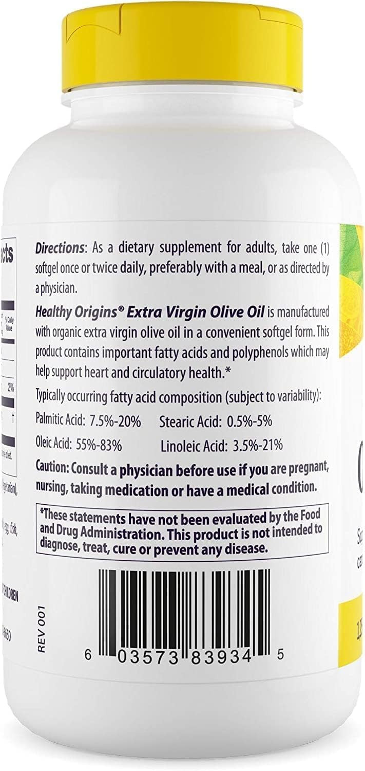 Healthy Origins Extra Virgin Olive Oil 1,250 Mg (Made With Organic Extra Virgin Olive Oil, Non-Gmo, Gluten Free, Cardiovascular Support), 120 Softgels