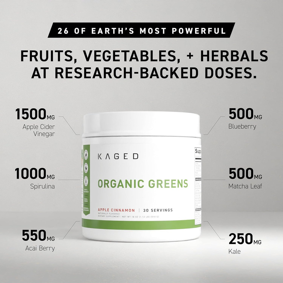 Kaged Organic Greens Superfood Powder, Outlive100 Berry, Supergreens, Apple Cider Vinegar, Ashwagandha, 30 Servings
