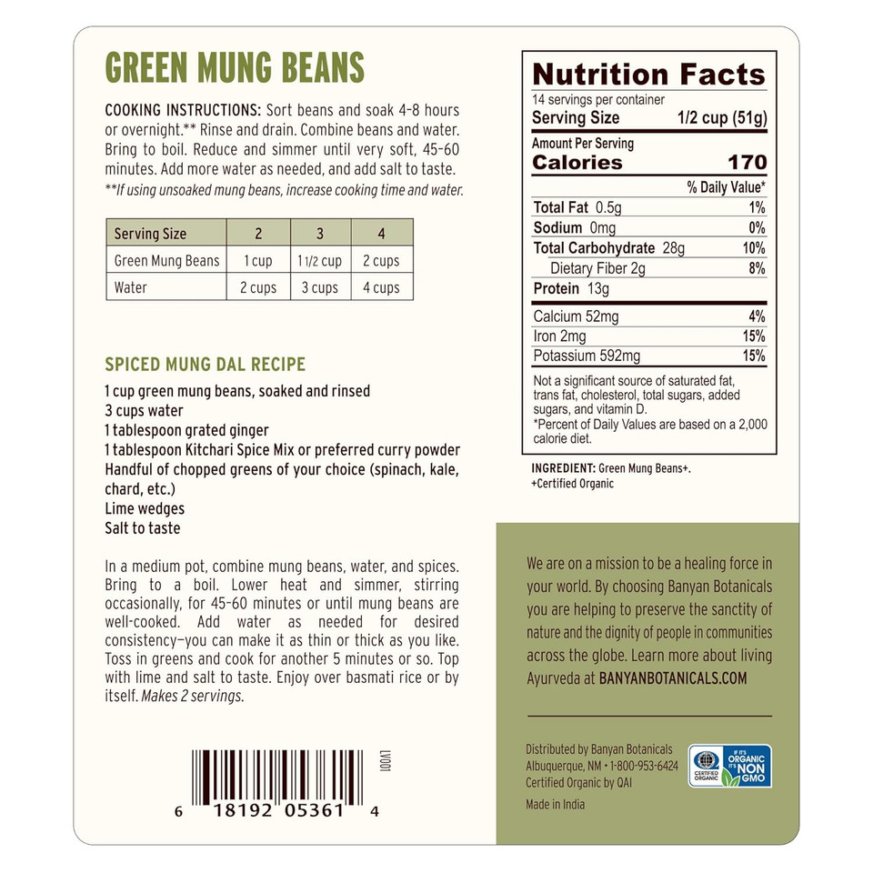Banyan Botanicals Green Mung Beans  Whole Organic Green Mung Beans For Cooking High Protein Vegetarian Meals  Easy Digestion Meal  1.65 Lb.  Non-Gmo Gluten Free Vegan