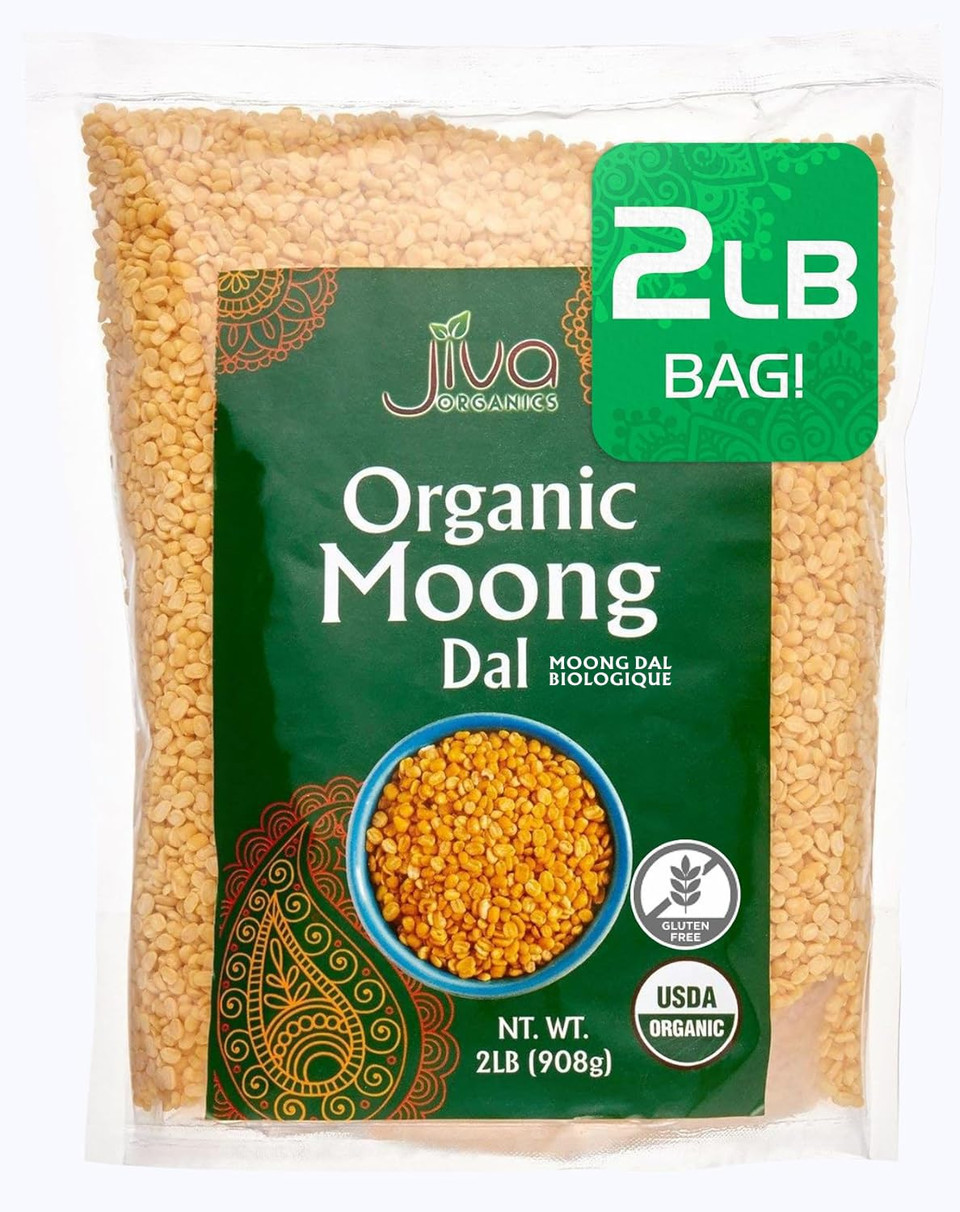 Jiva Organic Yellow Moong Dal 2 Lb - Non-Gmo, Gluten Free - Great For Kitchari - Split Yellow Mung Beans