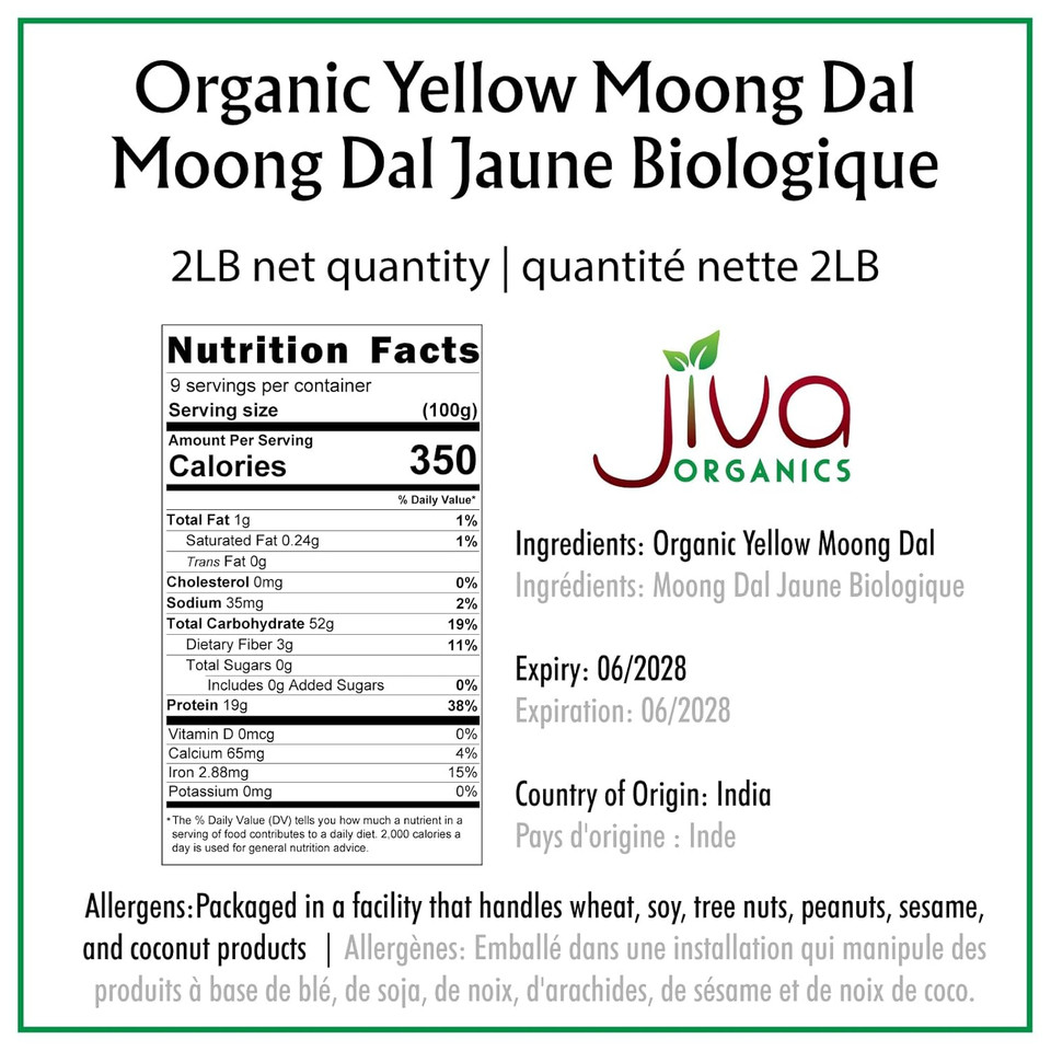 Jiva Organic Yellow Moong Dal 2 Lb - Non-Gmo, Gluten Free - Great For Kitchari - Split Yellow Mung Beans
