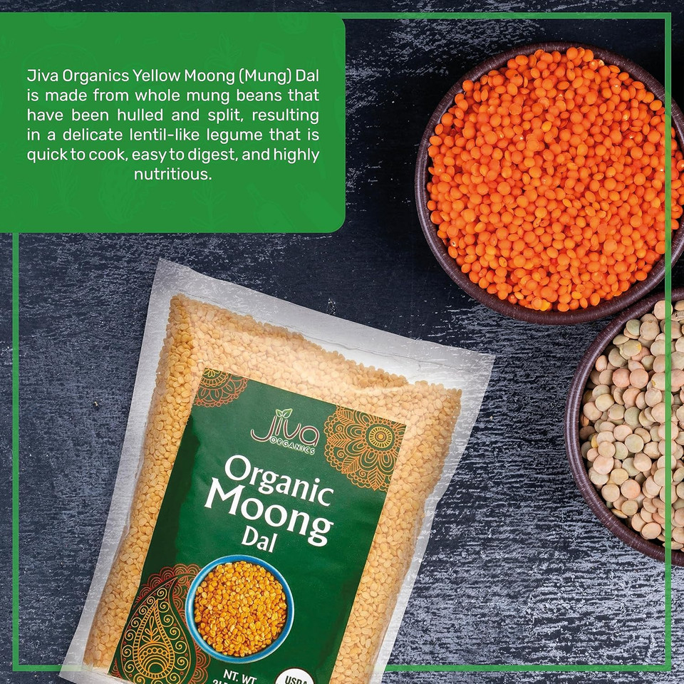 Jiva Organic Yellow Moong Dal 2 Lb - Non-Gmo, Gluten Free - Great For Kitchari - Split Yellow Mung Beans