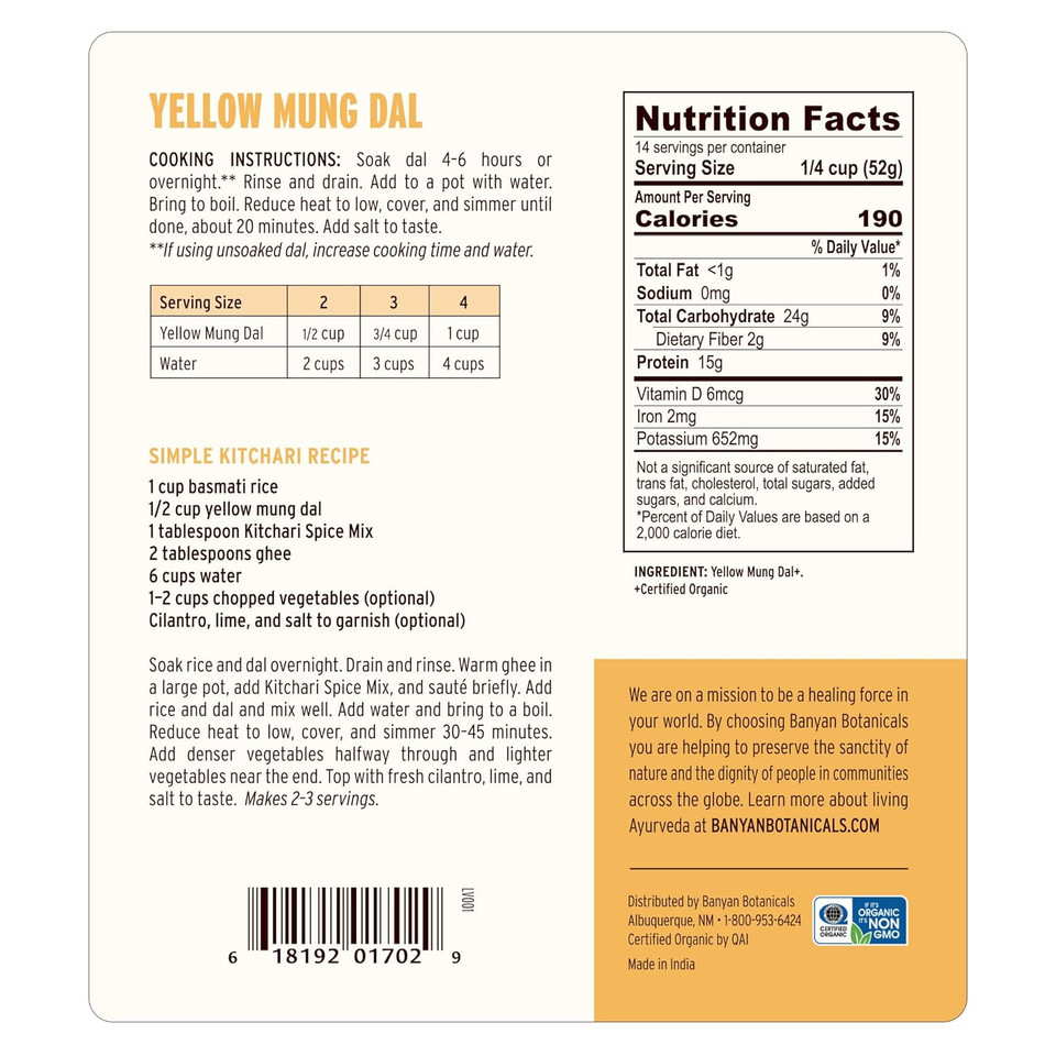 Banyan Botanicals Organic Yellow Mung Dal  Premium Split Mung Beans For Kitchari, Cleansing, And Ayurvedic Recipes  Plant-Based Protein  5 Lb.  Non-Gmo, Gluten Free, Vegan