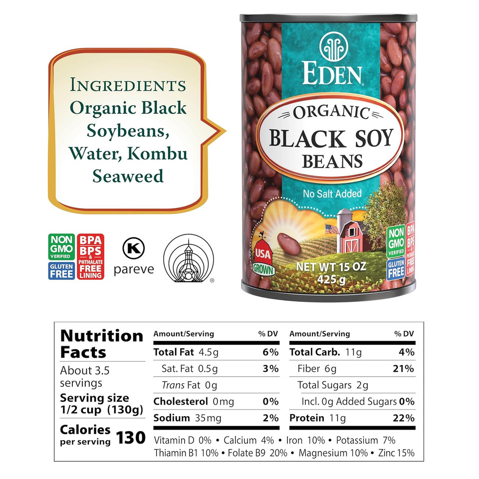 Eden Organic Black Soybeans, 15 Oz Can, Complete Protein, No Salt, Non-Gmo, Gluten Free, Vegan, Kosher, U.S. Grown, Heat And Serve, Macrobiotic, Soy Beans