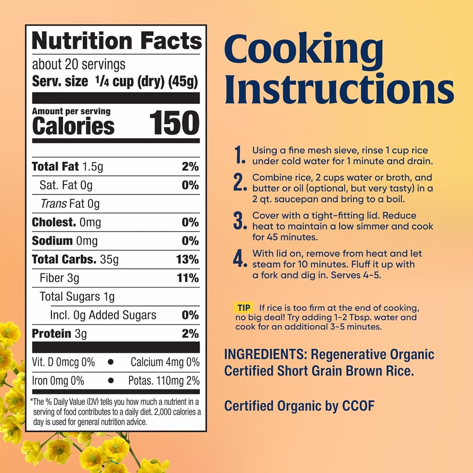 Lundberg Short Grain Brown Rice, Regenerative Organic Certified  Slightly Nutty, Sticky Rice Responsibly Grown In California, 32 Oz