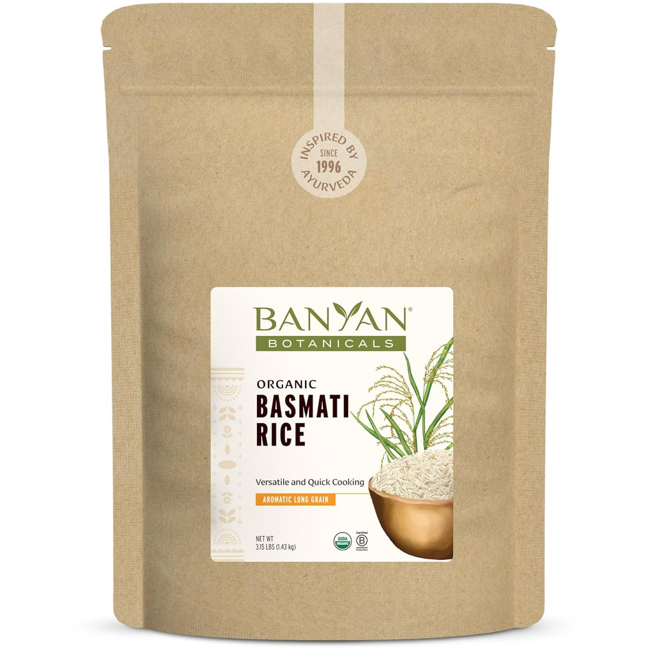 Banyan Botanicals White Basmati Rice  Organic & Pure Basmati Rice For Cooking Healthy Meals And Making Kitchari  With Resealable Zipper Bag  3.15 Lbs  Non-Gmo Sustainably Sourced Vegan