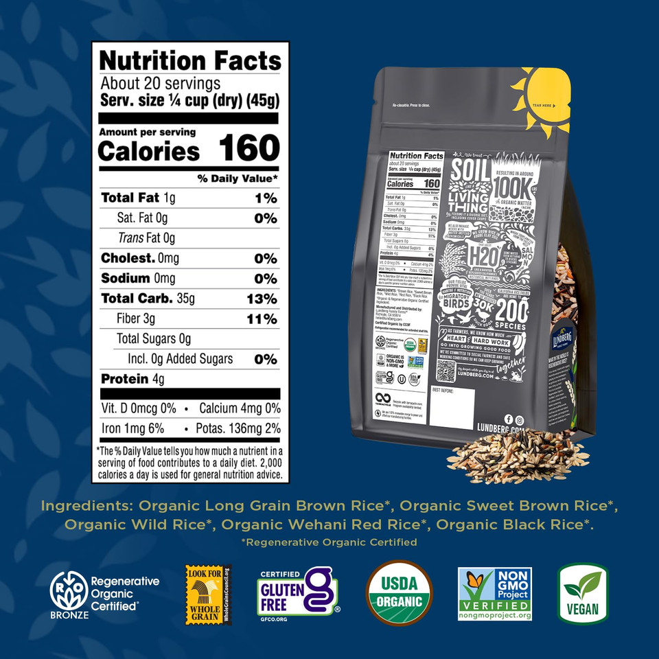 Lundberg Wild Blend Rice  Long-Grain Brown, Sweet Brown, Red & Black Rice, Certified Gluten-Free Whole Grains, 16 Oz