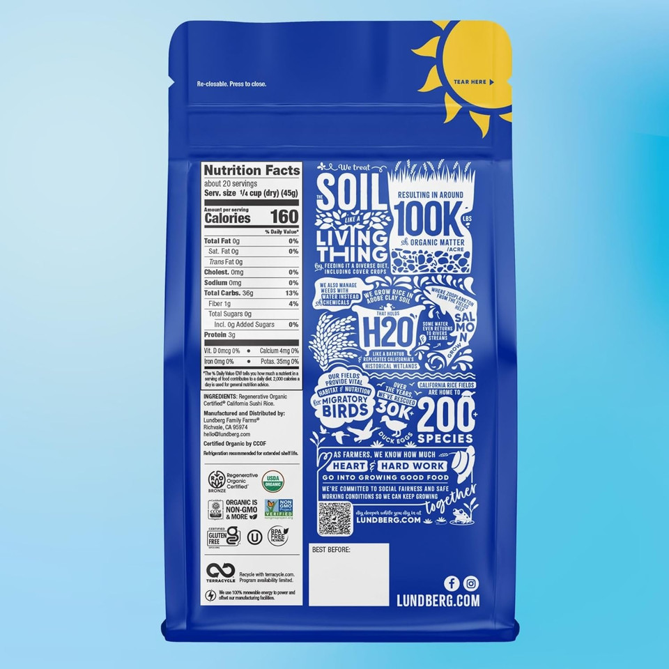 Lundberg Organic California Sushi Rice - Short Grain Rice, White Japanese-Style Sticky Rice For Perfect Sushi Rolls, Rice Bowls, And Mochi, White Rice Grown In California, 32 Oz