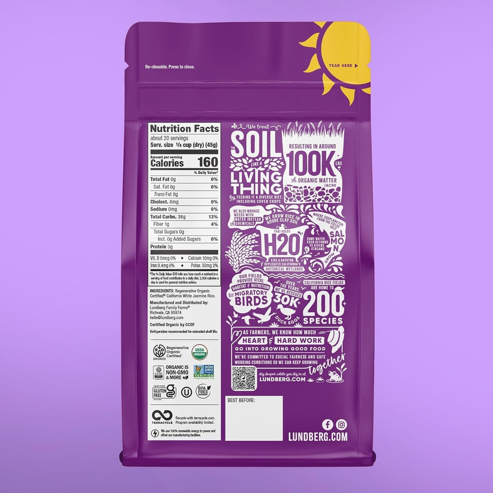 Lundberg Jasmine Rice, Regenerative Organic Certified, 6-Pack  Non-Sticky, Aromatic Long-Grain White Rice, Responsibly Grown In California, 32 Oz Ea