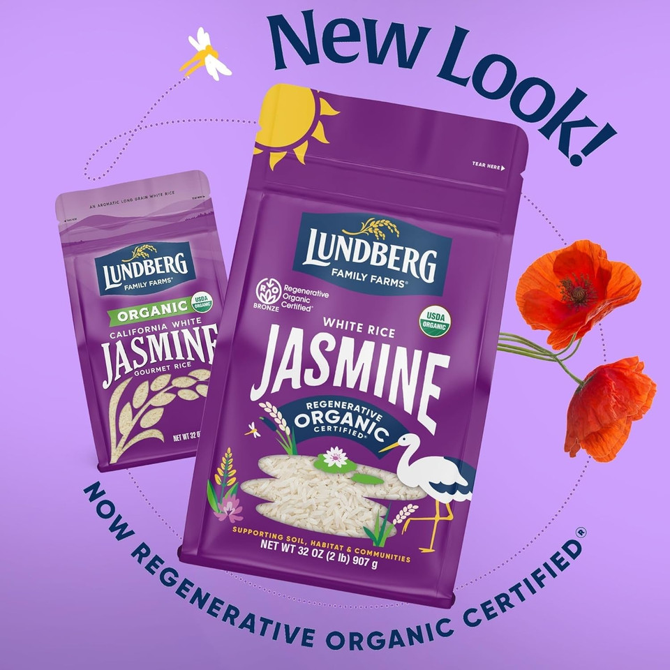 Lundberg Jasmine Rice, Regenerative Organic Certified, 6-Pack  Non-Sticky, Aromatic Long-Grain White Rice, Responsibly Grown In California, 32 Oz Ea