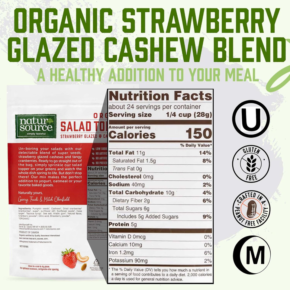 Natursource Organic Salad Topper Strawberry Glazed Cashew - Salad Toppings, Salad Toppers Seeds And Cranberries, Crunchy, Mixed Seeds For Salad, Oatmeal Or Yogurt, Gluten Free - 24 Oz (1.5 Lb)