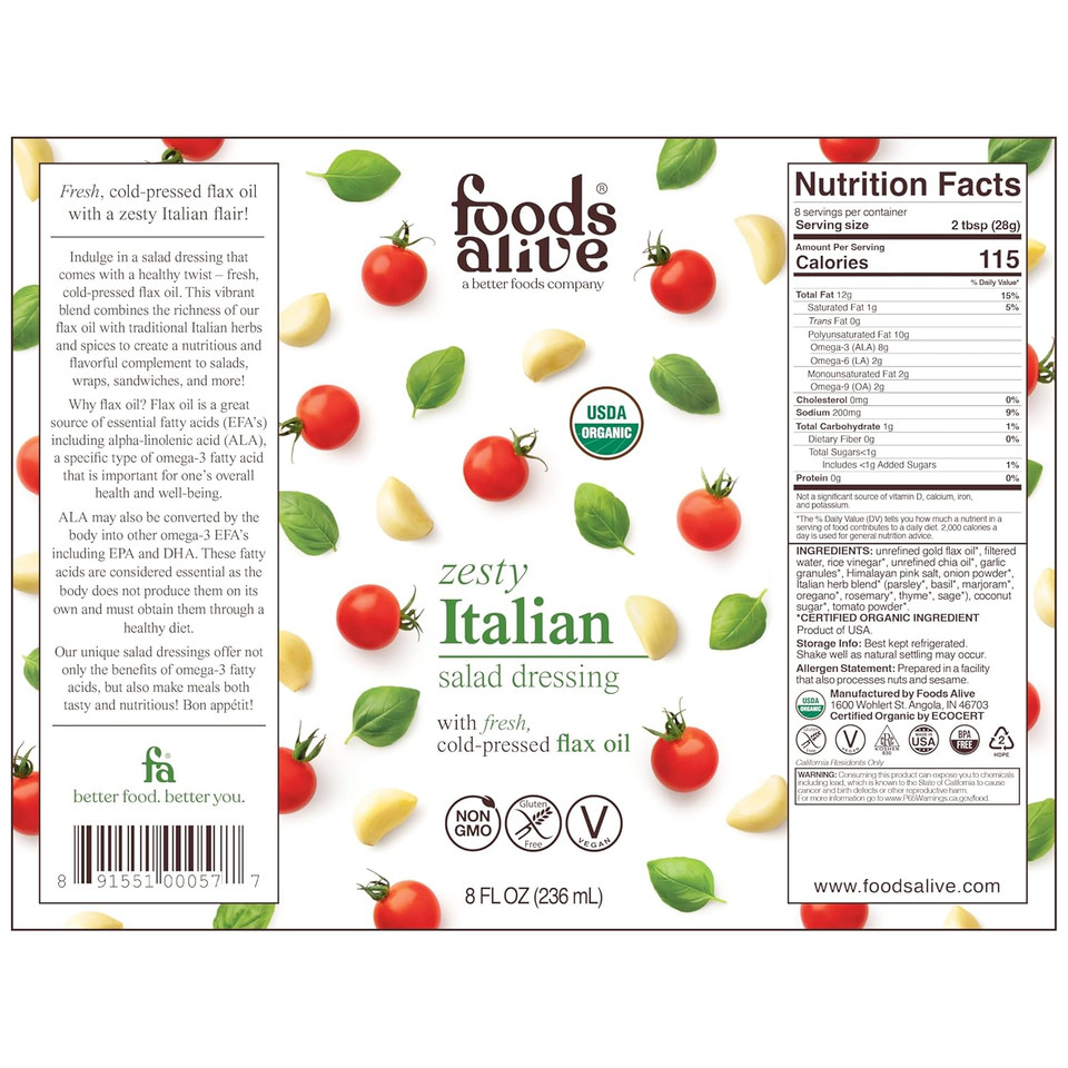 Foods Alive | Organic Zesty Italian Salad Dressing |16 Oz