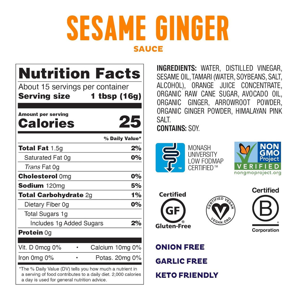 Fody Foods Sesame Ginger Sauce & Marinade, 8.5 Oz, Garlic And Onion Free, Low Fodmap Certified, Gut & Ibs Friendly, Vegan, Non-Gmo, Gluten Free, Keto Friendly