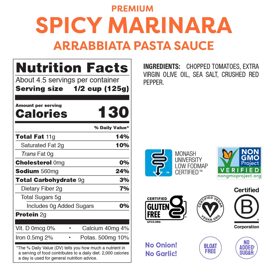 Fody Foods Spicy Marinara Pasta Sauce, 19.4 Oz, Garlic And Onion Free, Low Fodmap Certified, Gut & Ibs Friendly, Vegan, Non-Gmo, Gluten Free, Kosher