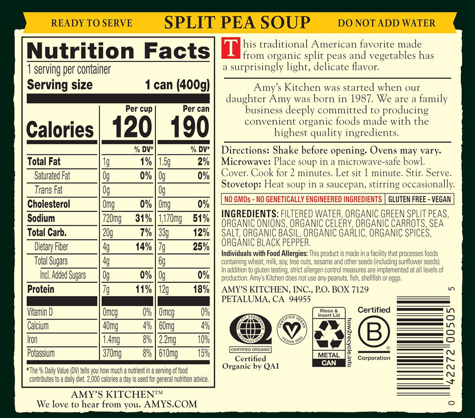 Amy'S Soup, Vegan Split Pea Soup, Gluten Free, Made With Organic Vegetables, Canned Soup, 14.1 Oz