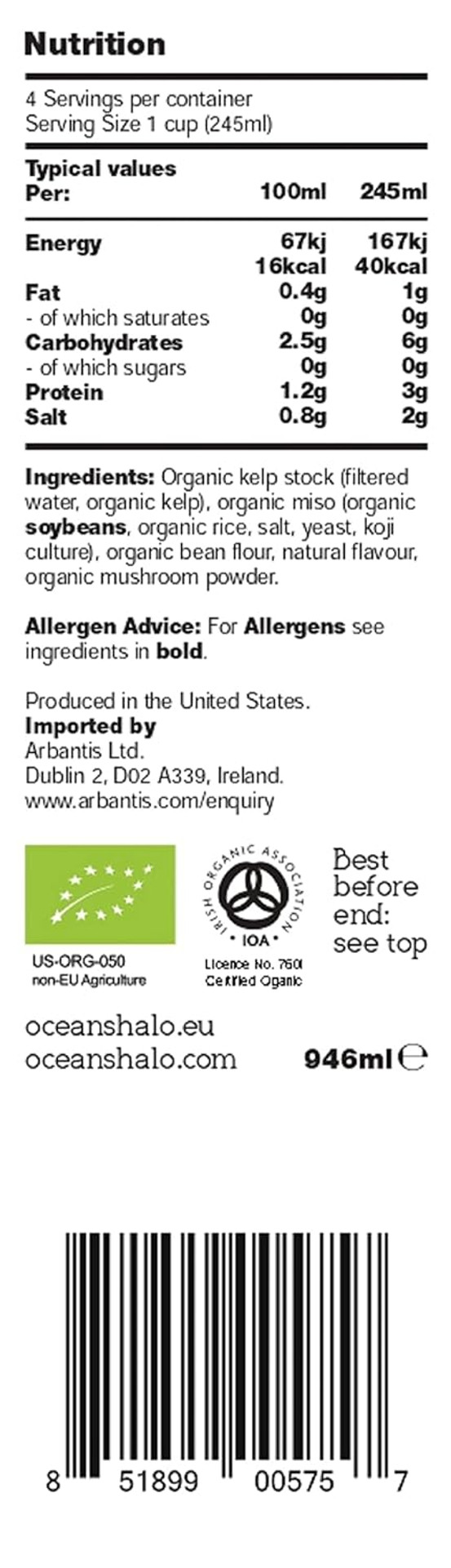 Ocean'S Halo, Organic And Vegan Miso Broth, 32 Fl Oz