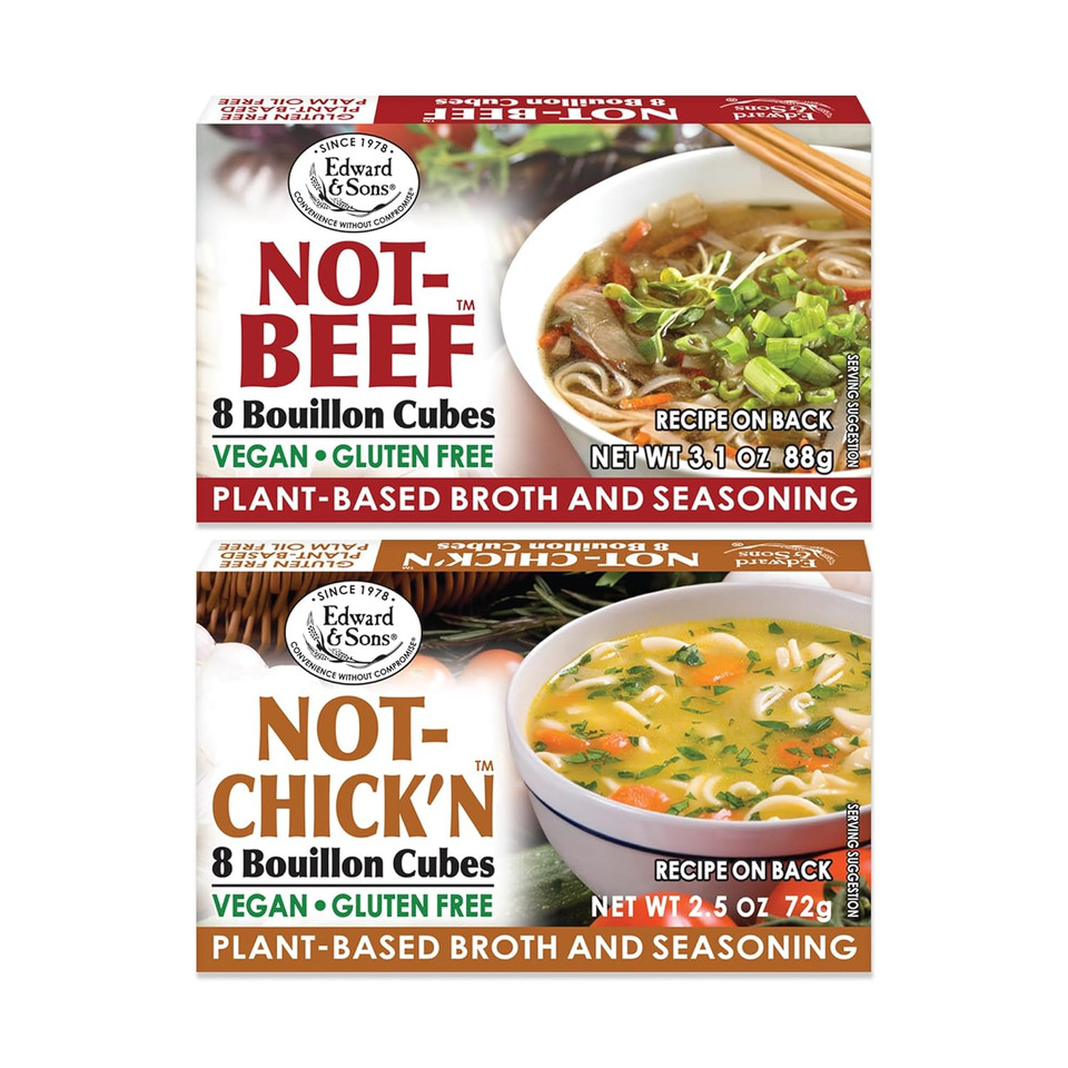 Edward & Sons Not Beef + Not Chicken Bouillon Cubes - Vegan, Chicken Stock, Gluten Free, Vegetable Broth, Organic Bouillon Cubes, Chicken Broth, Plant-Based, Palm Oil Free, No Trans Fat - 1 Of Each
