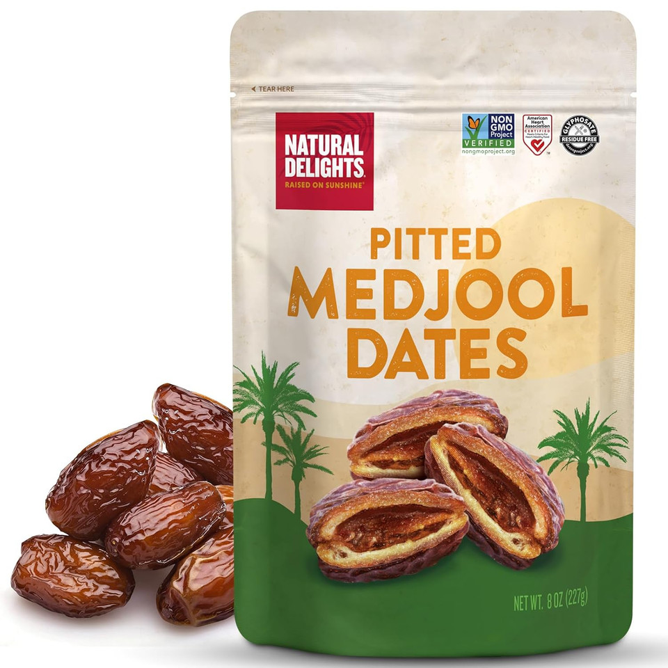 Natural Delights Medjool Dates  Large & Plump, Pitted Dates Medjool, Non-Gmo Verified, Pesticide Free, Naturally Sweet Fruit Snack, Perfect For On-The-Go - Medjool Dates Pitted, 12 Oz Container