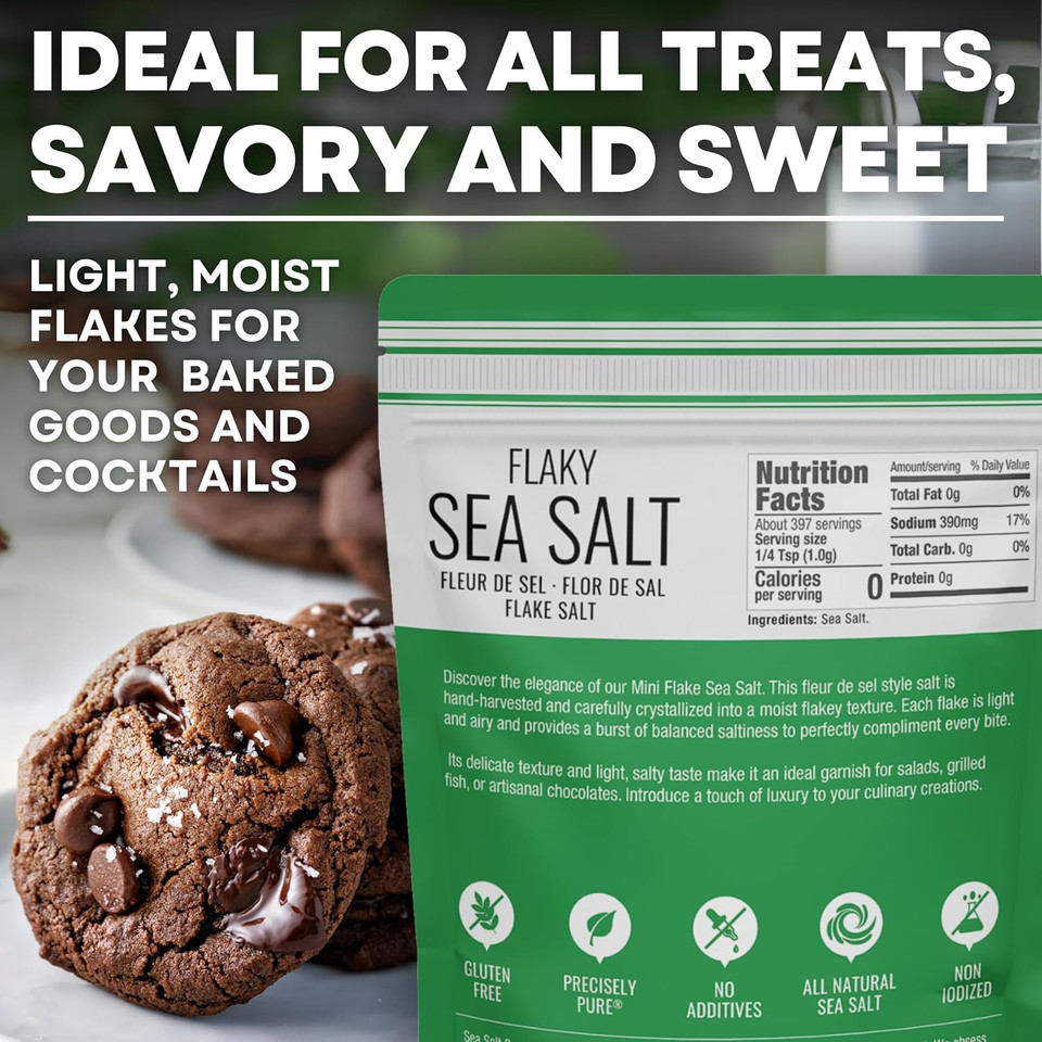 Flaky Hand Harvested Sea Salt Flakes, Baja Fleur De Sel Flake Salt, For Baking And Cooking And Gourmet Finishing, 14 Oz Bag