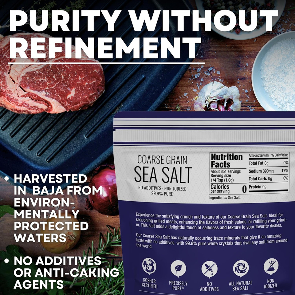 Coarse Sea Salt For Grinder Refill, Coarse Grain Kosher, Non-Iodized Unrefined Baja Salt For Cooking, Mineral-Rich, 14 Oz Bag