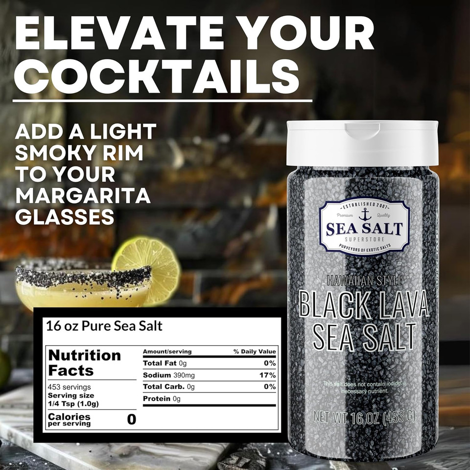 Hawaiian-Style Black Lava Sea Salt With Activated Charcoal, Black Hawaiian Sea Salt For Cooking & Finishing, 1 Lb Shaker