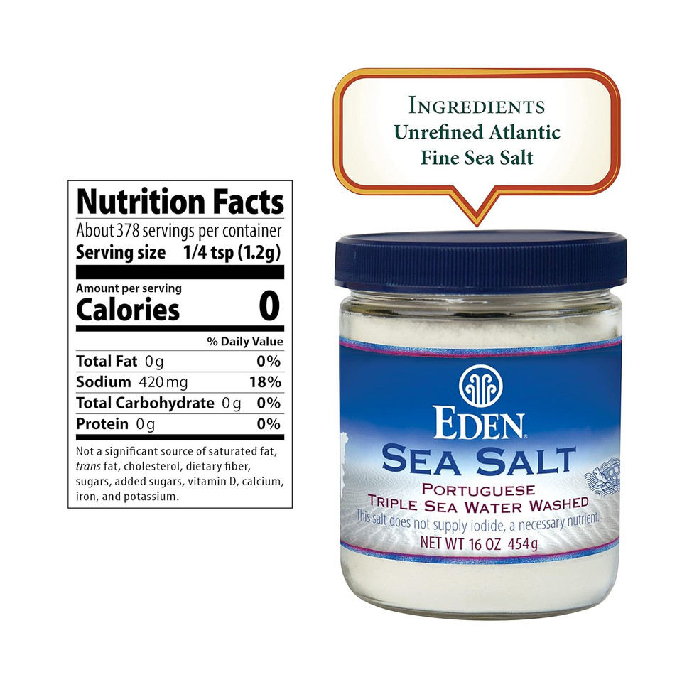 Eden Sea Salt, Hand Harvested Portuguese, Triple Sea Water Washed, Fine Grind, 82 Trace Minerals, Glass Jar, 16 Oz (1Lb)