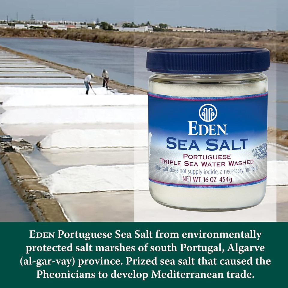 Eden Sea Salt, Hand Harvested Portuguese, Triple Sea Water Washed, Fine Grind, 82 Trace Minerals, Glass Jar, 16 Oz (1Lb)