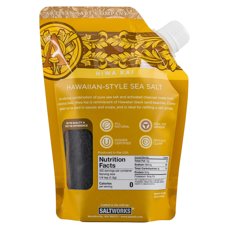 Saltworks Artisan Salt Company Hiwa Kai Black Hawaiian-Style Sea Salt, Coarse Grain, Pour Spout, 16 Ounce