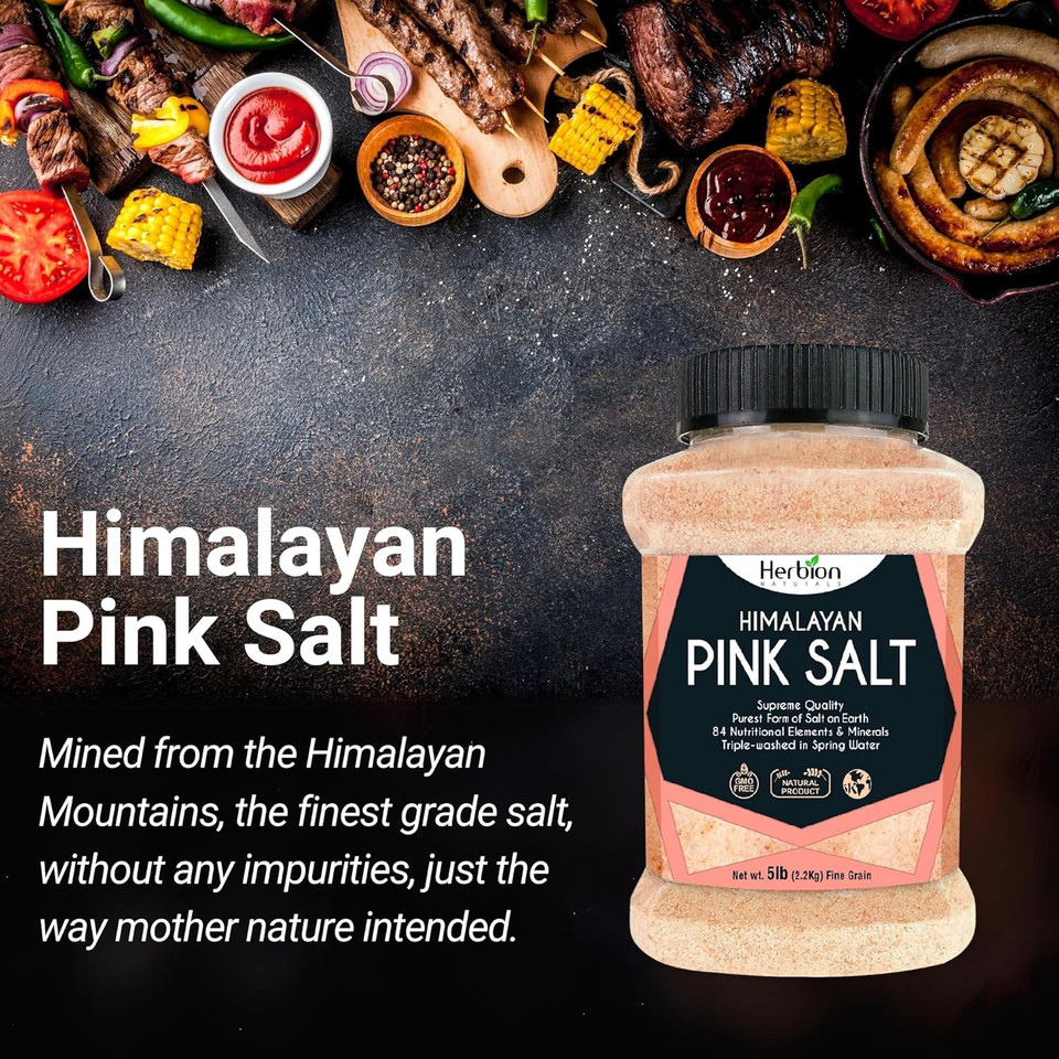 Herbion Naturals Himalayan Pink Salt Jar Fine Grain, Gmo Free, Supreme Quality Chemical Free, Vegan, Kosher Certified, Fine Grain All Natural Salt, Triple Washed In Spring Water, 5 Lbs