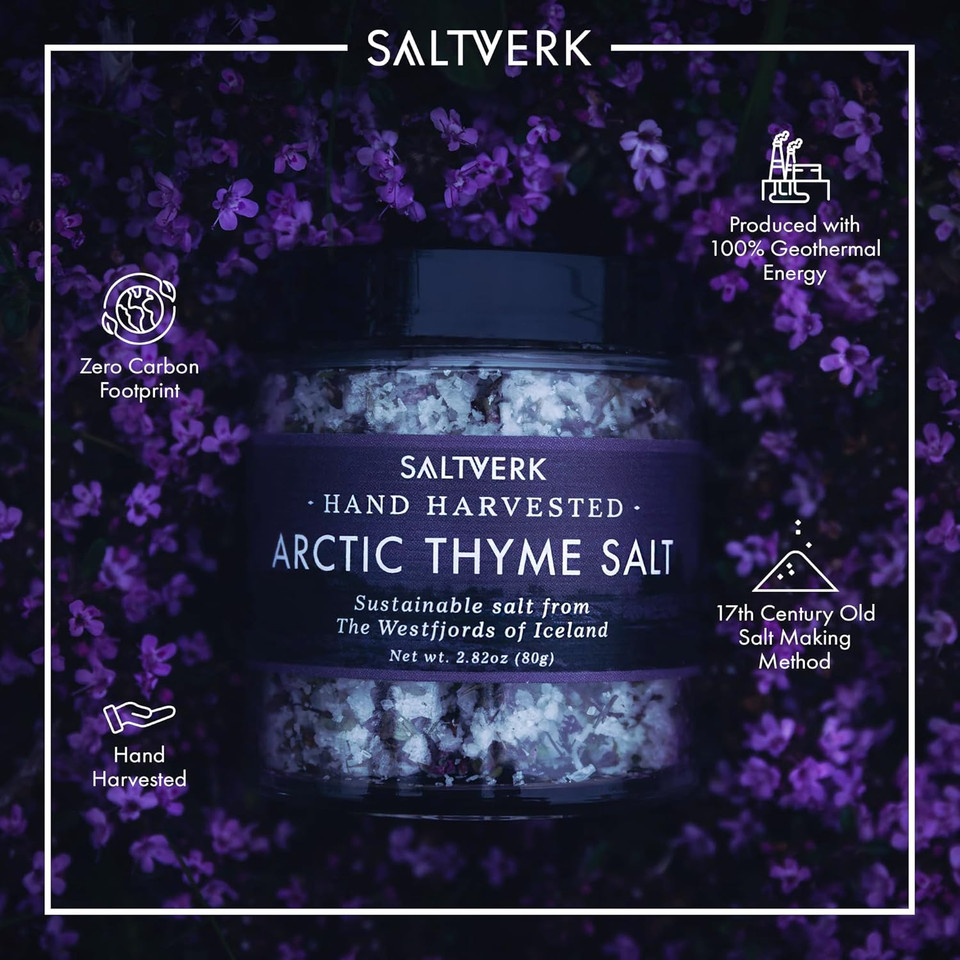 Saltverk Artic Thyme Sea Salt - Gourmet, Icelandic, Hand Harvested And Sustainably Made - 2.82 Oz Jar