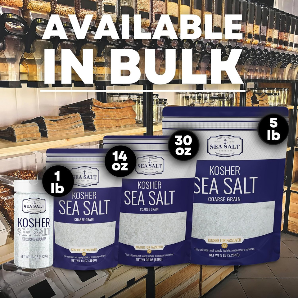 Kosher Sea Salt, Coarse Grain Kosher Salt, Coarse Salt Replacement For Table Salt, Non-Iodized & Natural Coarse Sea Salt For Grinder, 30 Oz Bag, Sea Salt Superstore