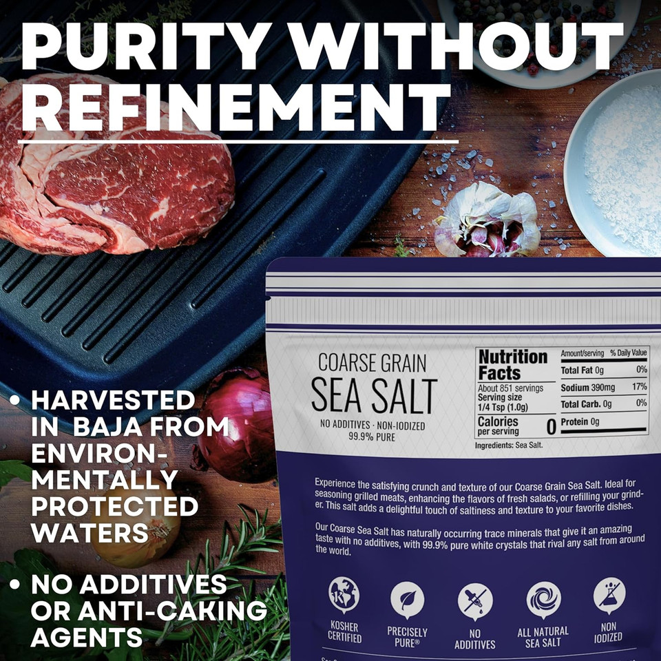 Coarse Sea Salt For Grinder Refill, Coarse Grain Kosher, Non-Iodized Unrefined Baja Salt For Cooking, Mineral-Rich, 30 Oz Bag